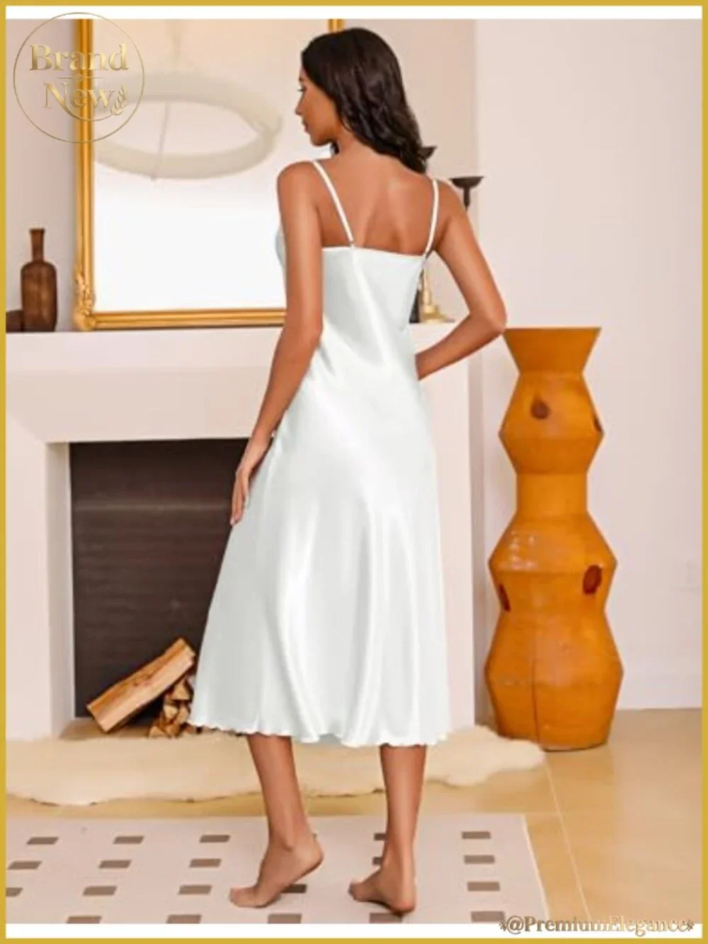 Silk Satin Long Nightgown Lace Trim Chemise Slip Dress